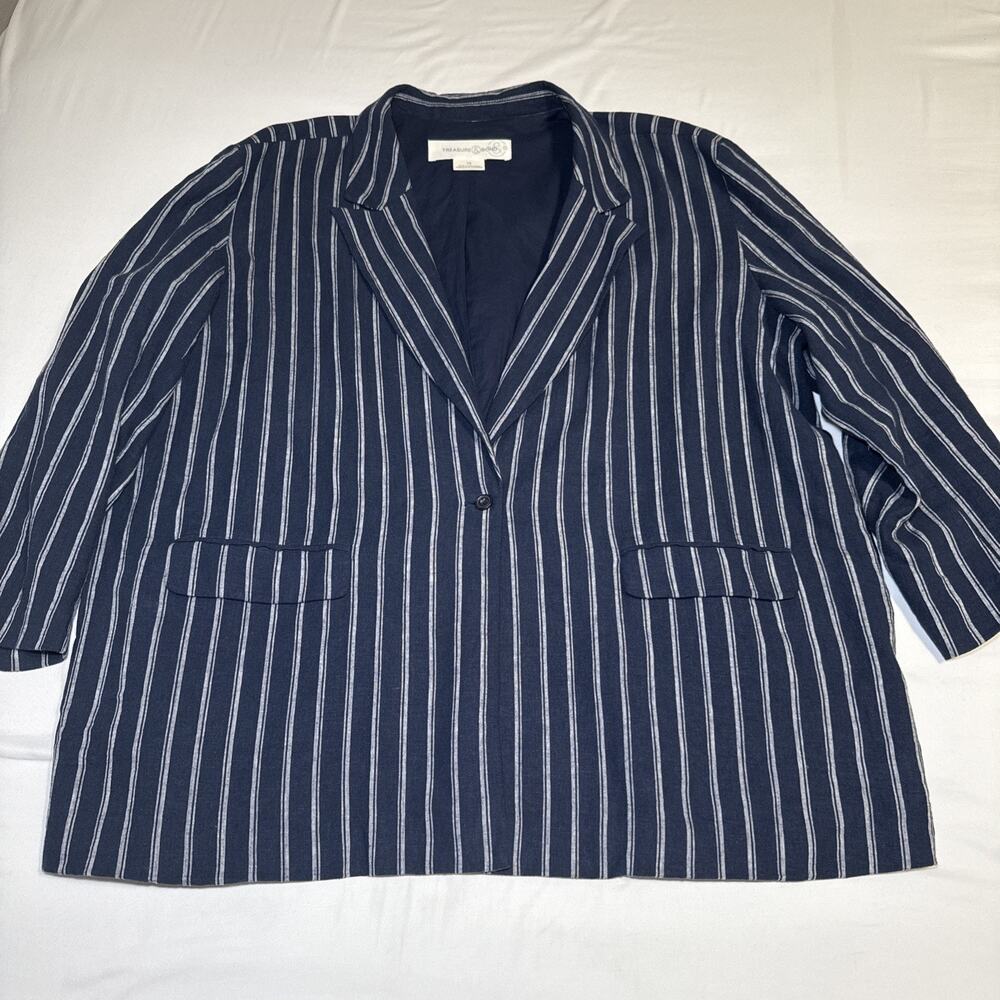 NEW Treasure & Bond Blazer Womens 3X Linen Blend Blue White Stripe Cotton Lined
